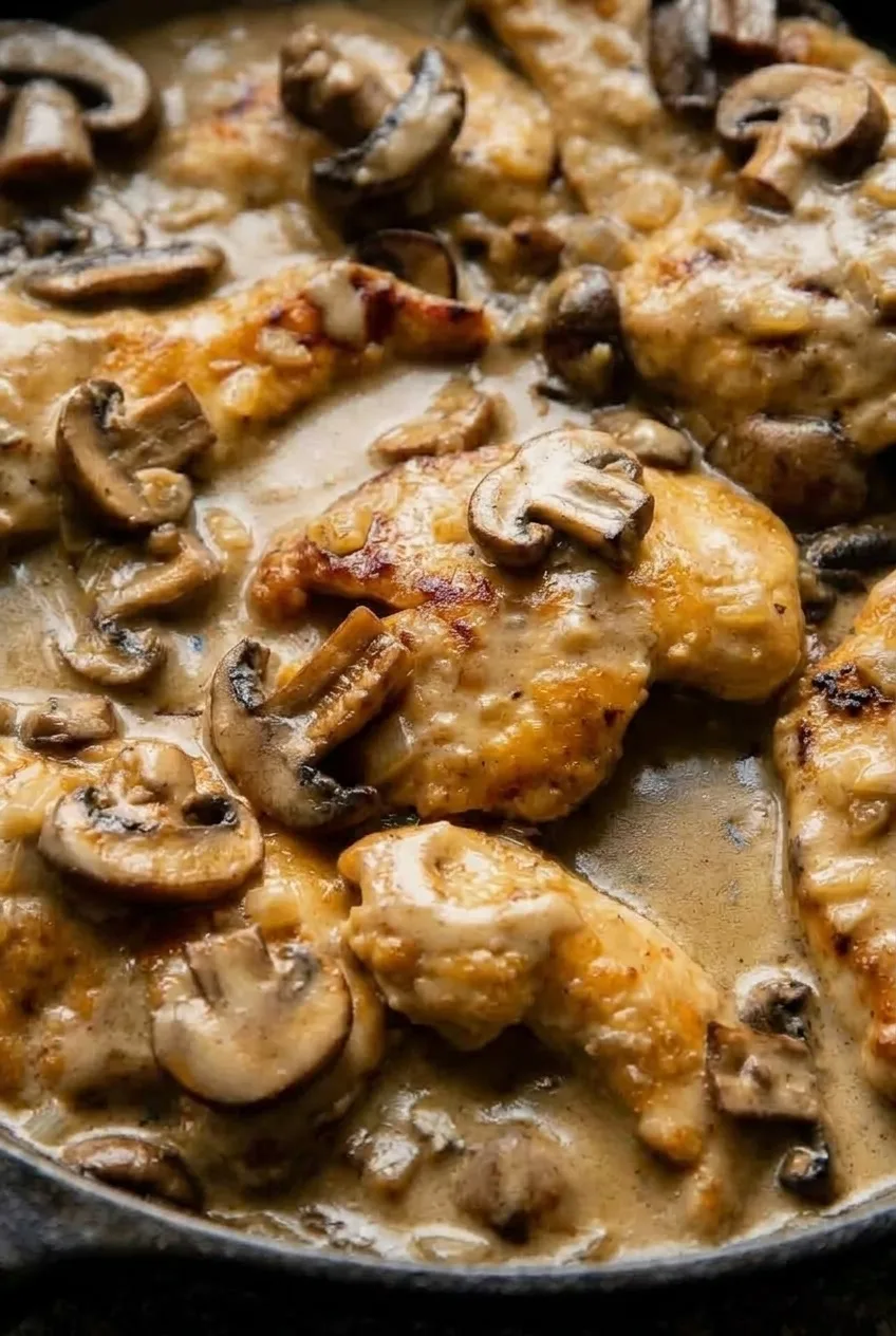 Close view of a golden Chicken Marsala cutlet with browned mushrooms and sauce