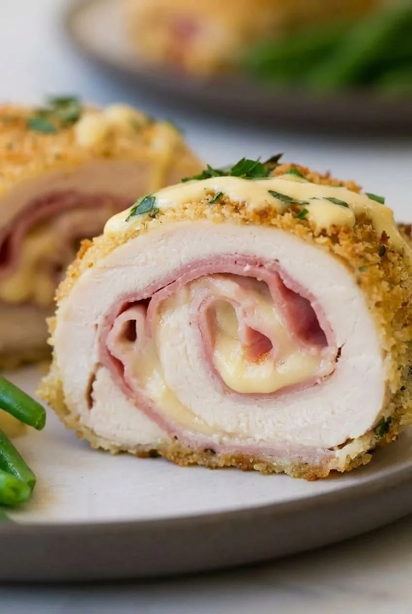 Close view of chicken cordon bleu showing crisp panko, pink ham, and melted Swiss cheese