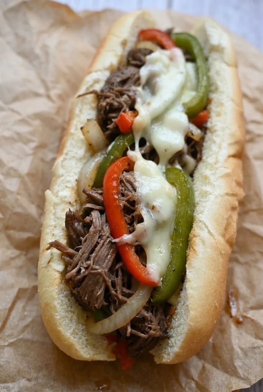 Close view of brown shredded beef, sautéed peppers, and melted provolone inside the split roll
