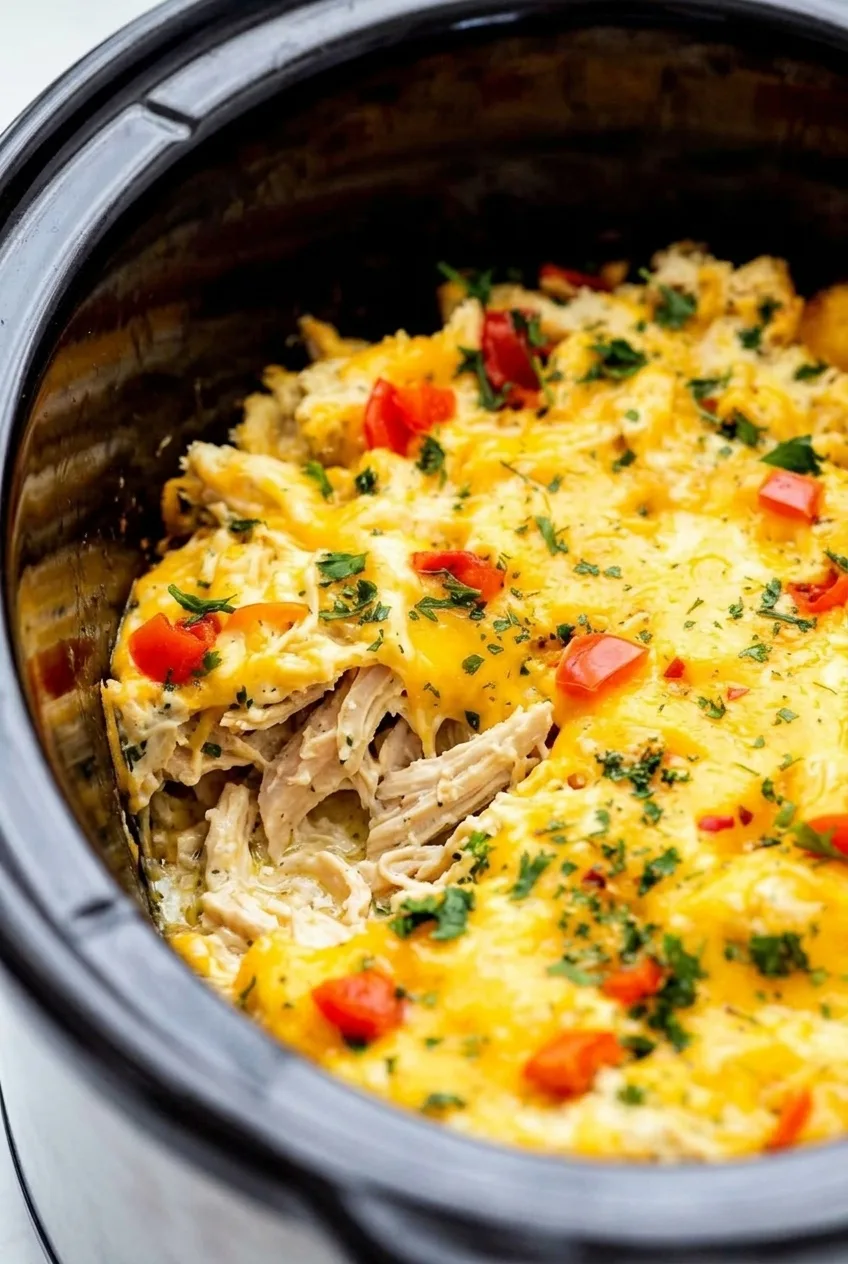 Close view of saucy shredded ranch chicken beneath melted cheddar and diced red pepper