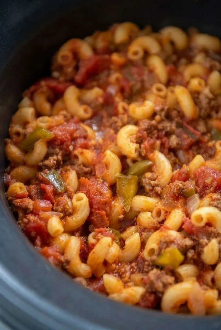 Close view of intact macaroni elbows, beef crumbles, and green pepper coated in tomato sauce