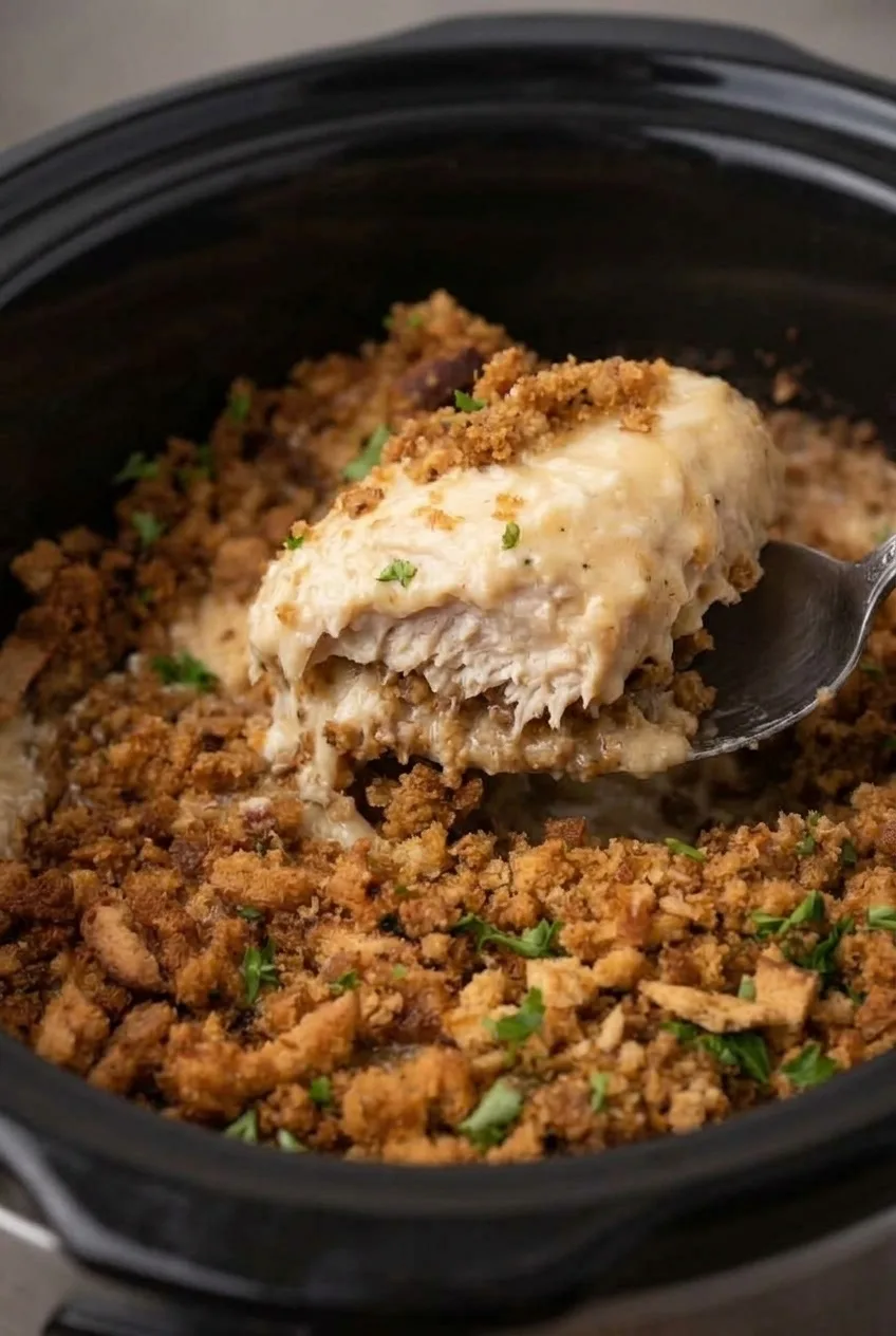 Close view of tender chicken, thick cream sauce and coarse moist stuffing in the slow cooker