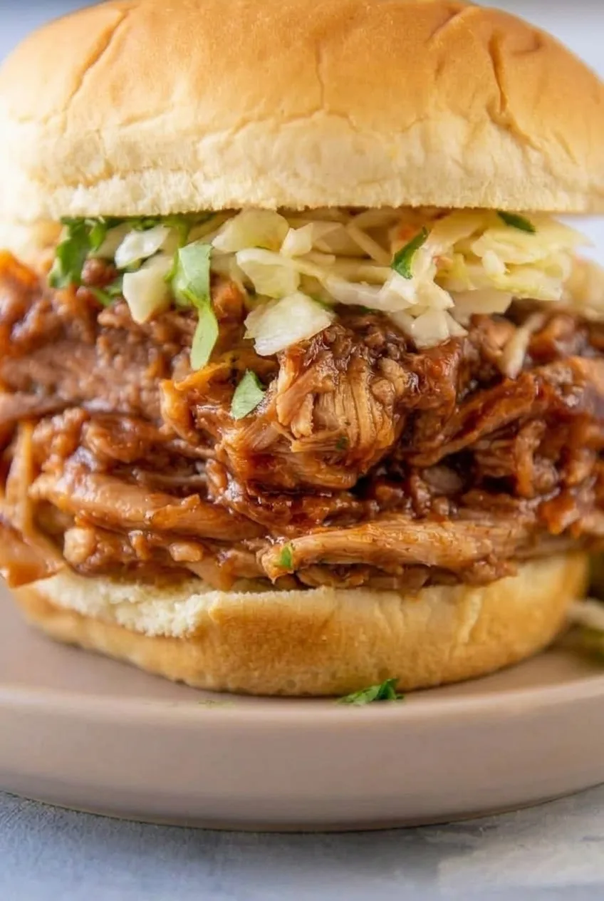 Close view of glossy pulled pork strands and shredded coleslaw inside a soft sandwich bun