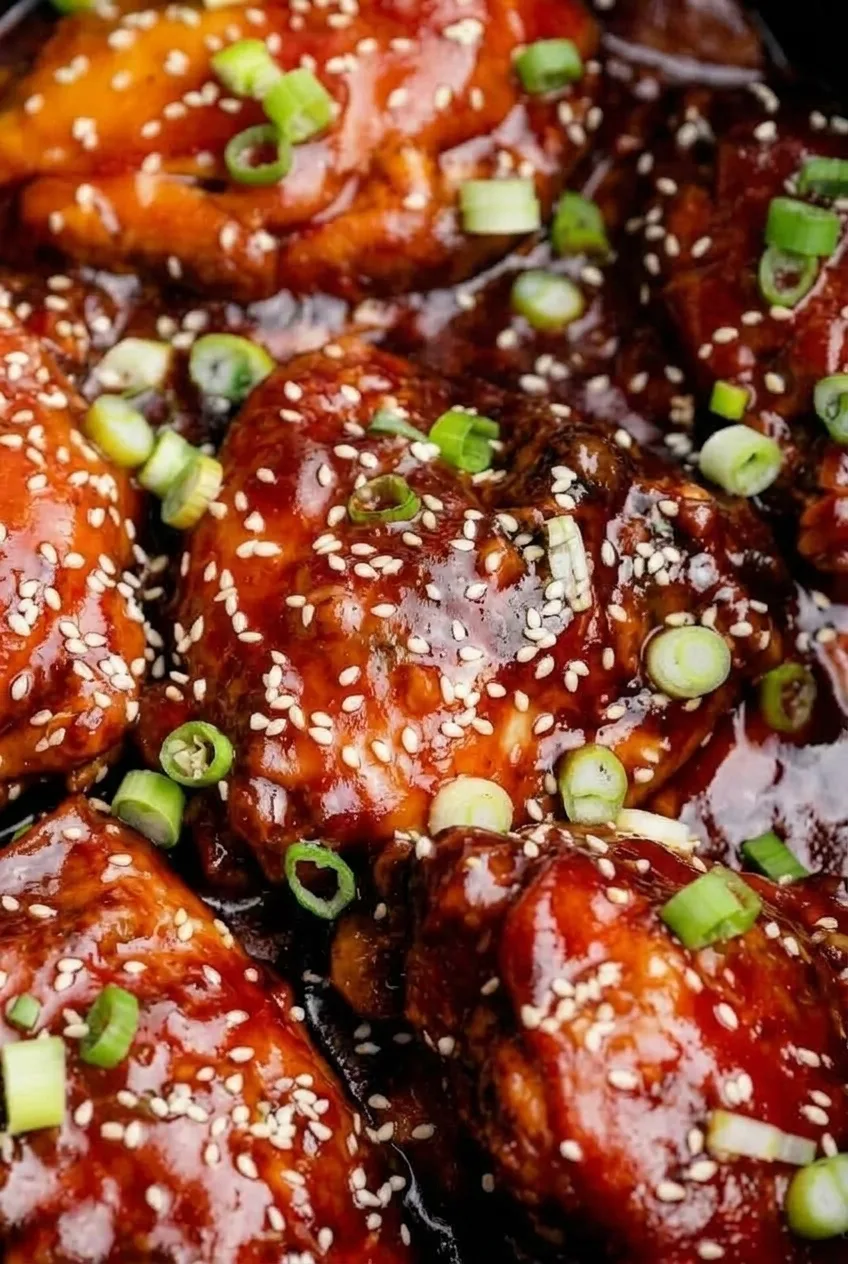 Close view of thick honey garlic glaze clinging to a whole chicken thigh