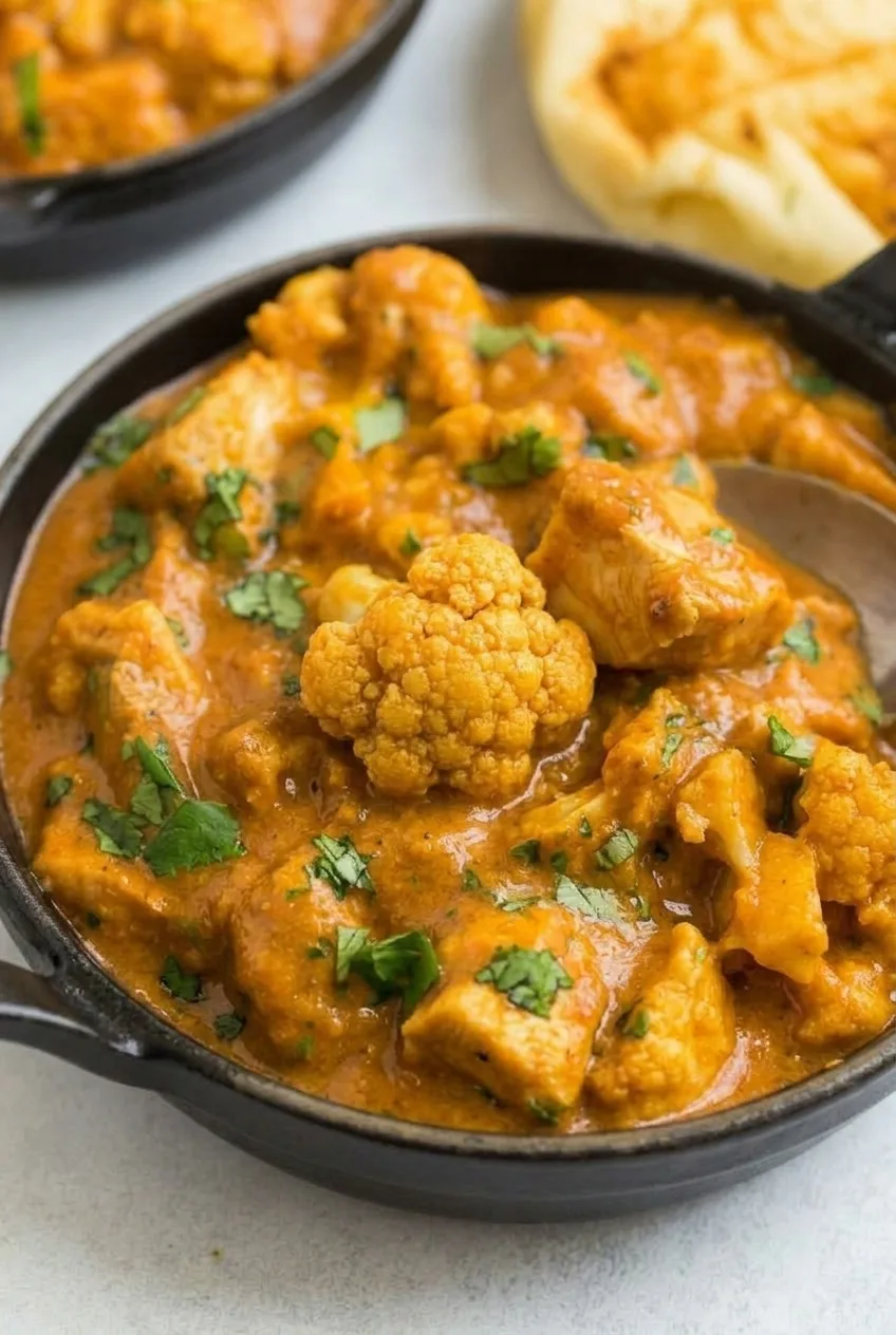 Close view of chicken chunks and intact cauliflower florets coated in glossy butter chicken sauce.