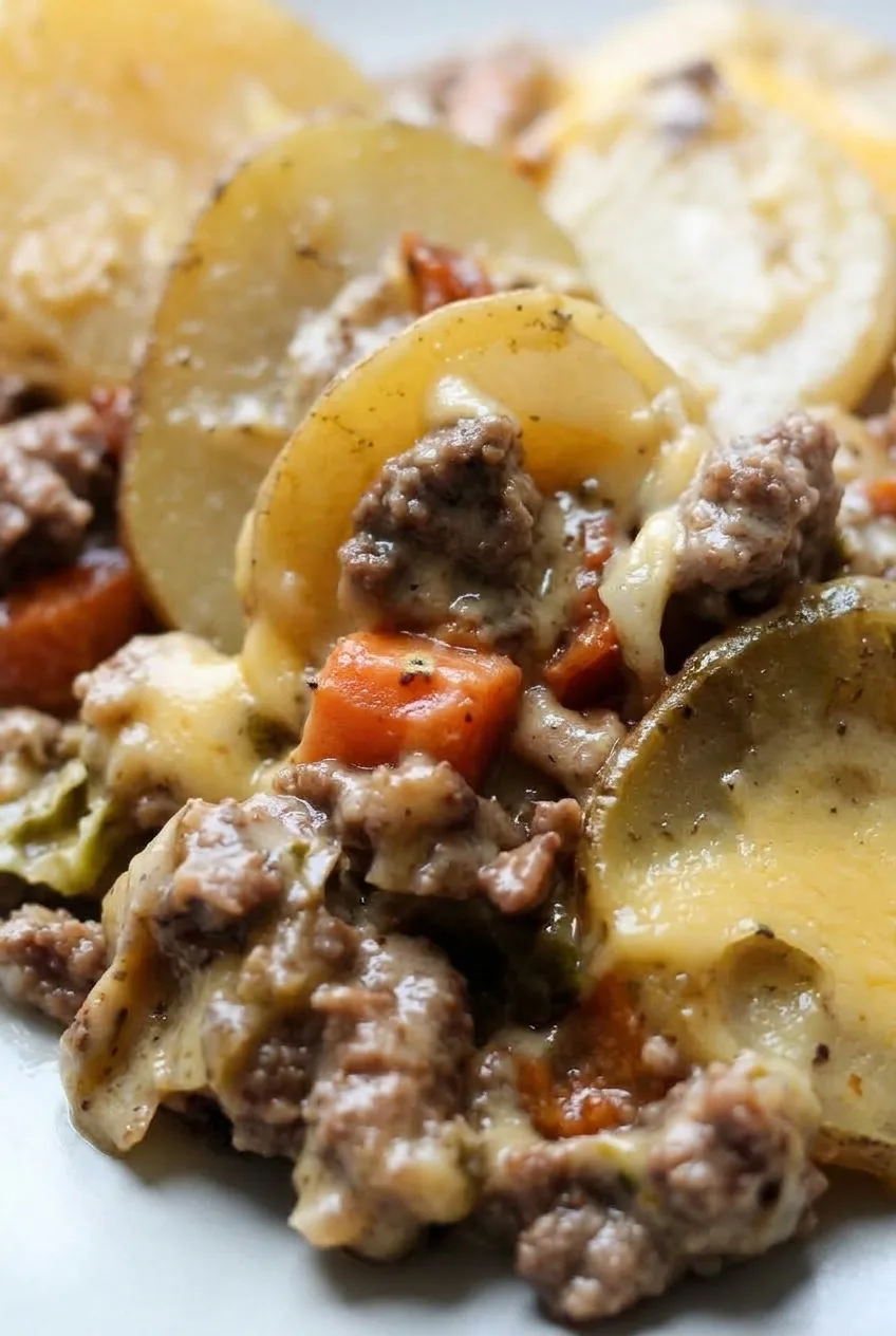 Close view of tender potato slices, beef crumbles, and carrots coated in creamy sauce