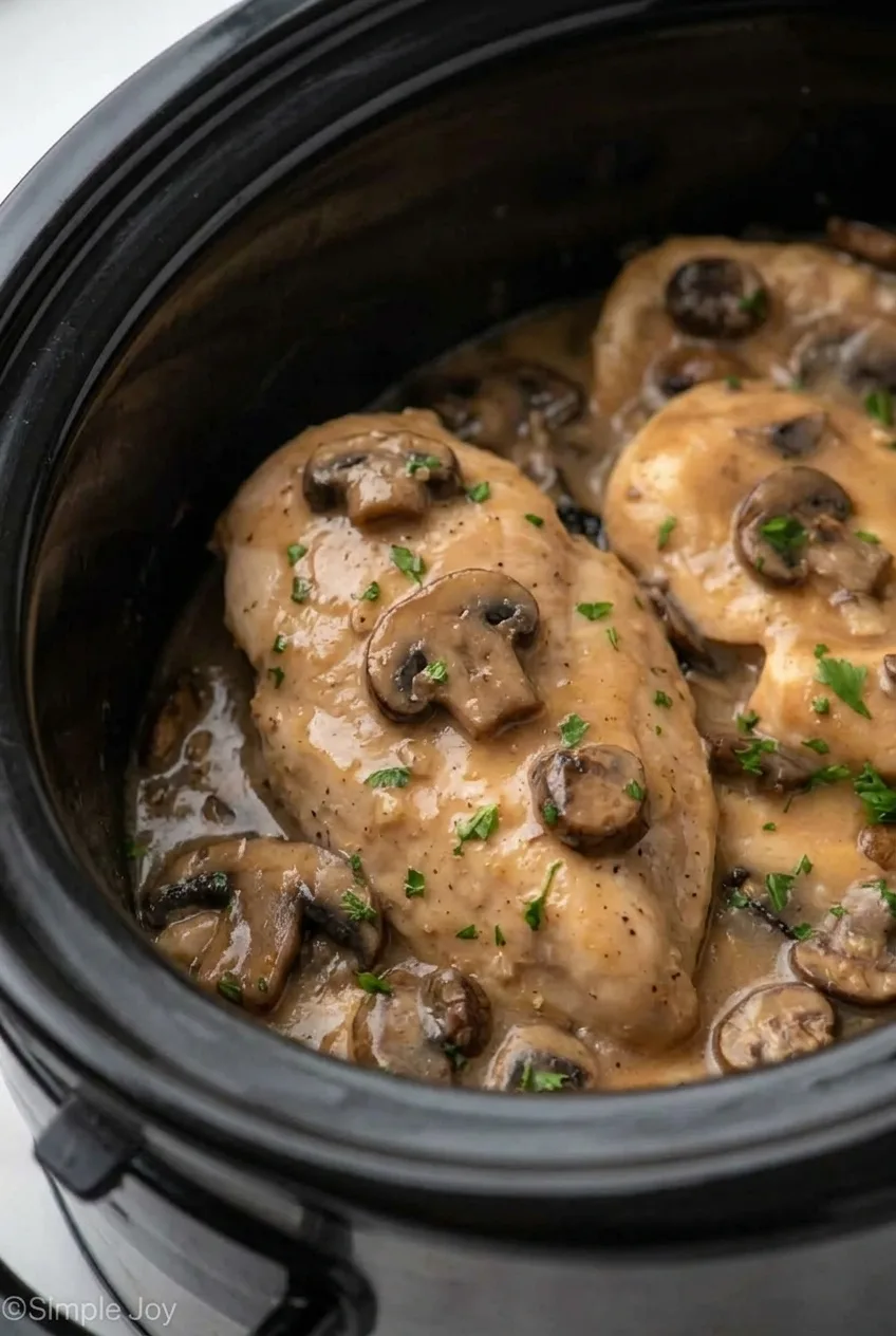 Close view of mushroom slices and glossy Marsala sauce coating a whole chicken breast