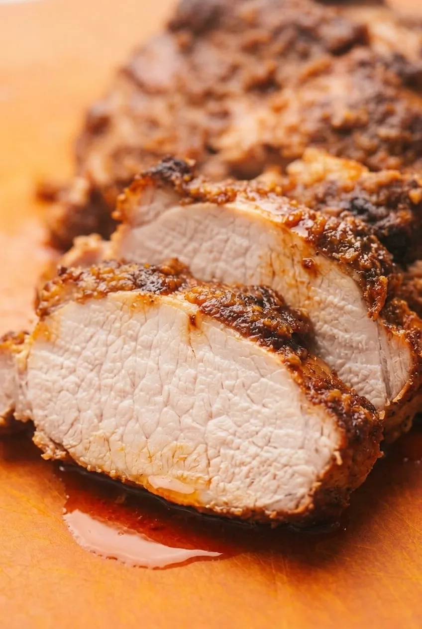 Close view of pale pork loin fibers, dark seasoned edges, and cooking juices