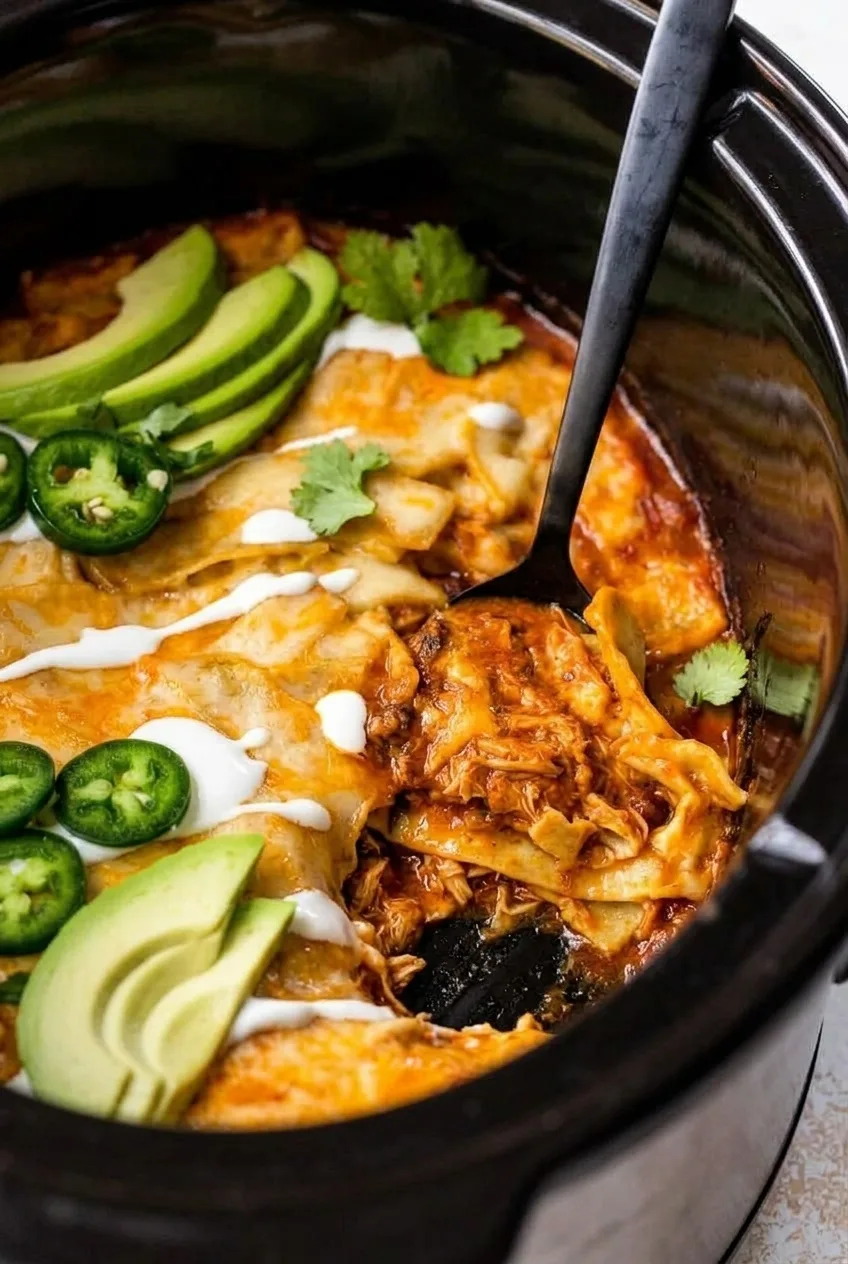 Close view of saucy shredded chicken beneath soft tortilla and melted cheese layers