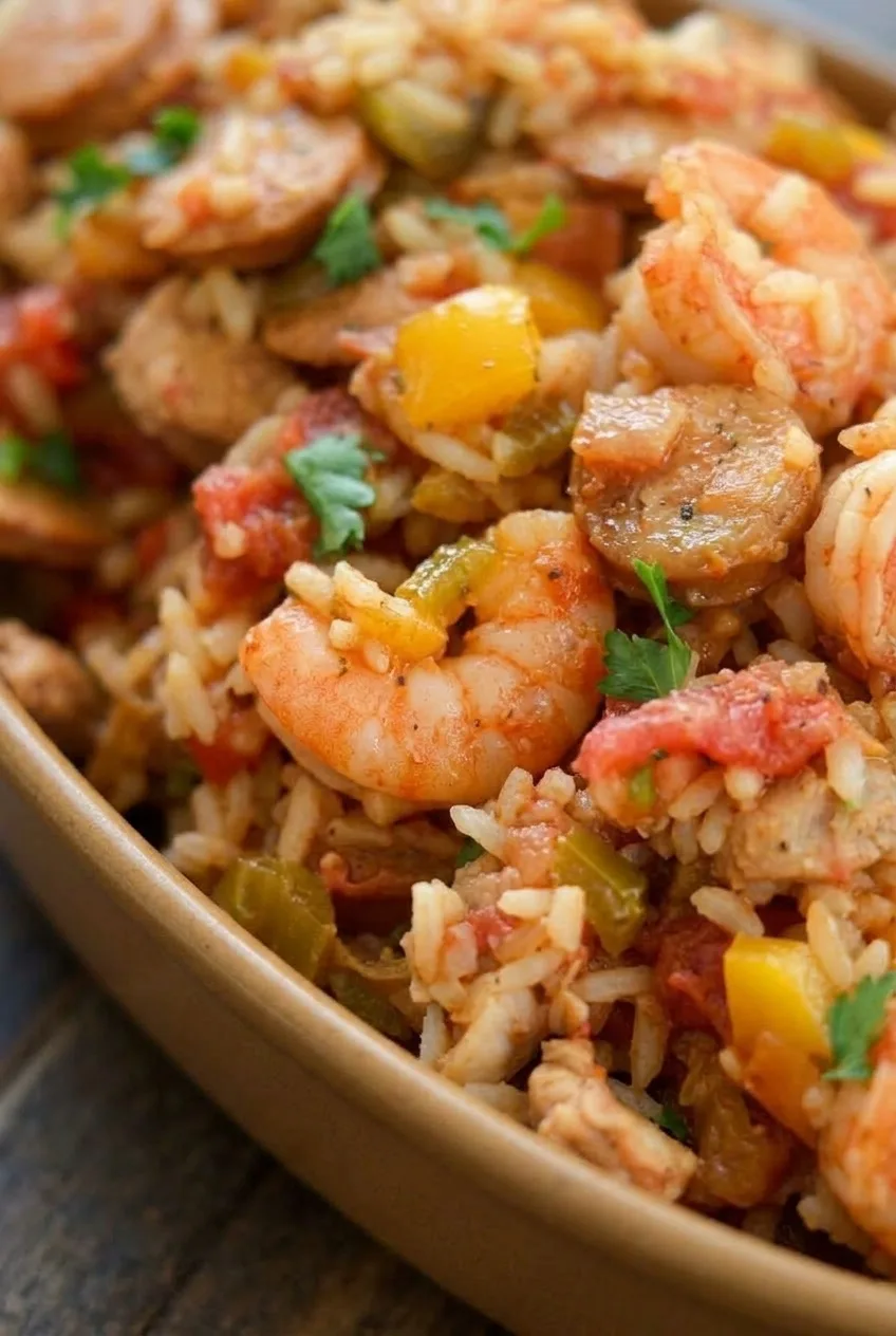 Close view of distinct jambalaya rice grains beside pink shrimp, chicken, sausage, and diced peppers