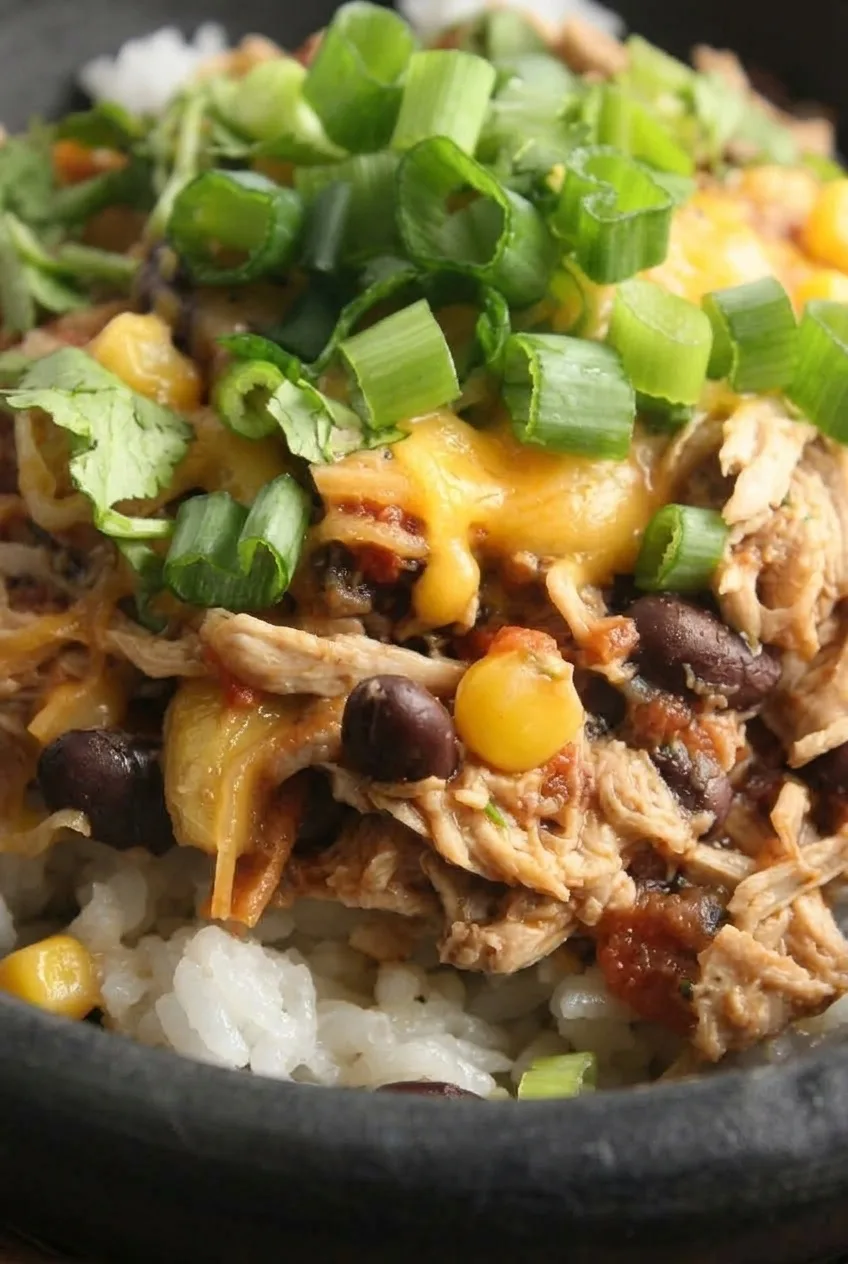 Close view of saucy Santa Fe chicken shreds, black beans, corn, melted cheddar, and separate rice grains
