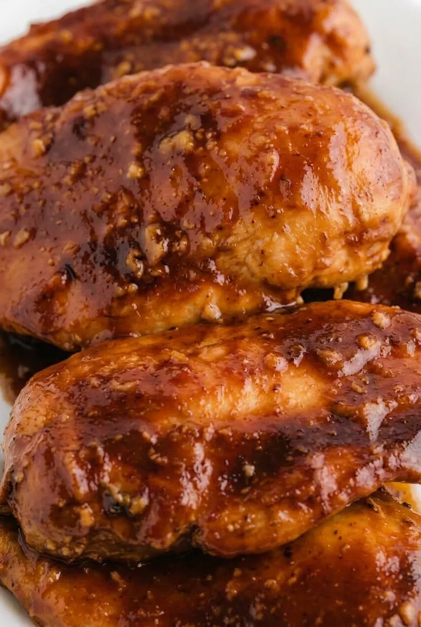 Close view of glossy reddish-brown barbecue sauce coating whole chicken breasts