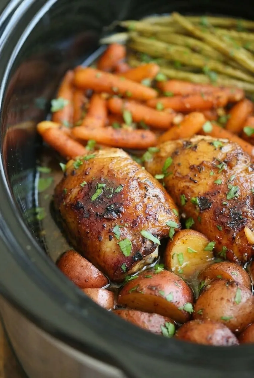 Close view of browned chicken skin, red potatoes, and glossy honey garlic sauce in the slow cooker