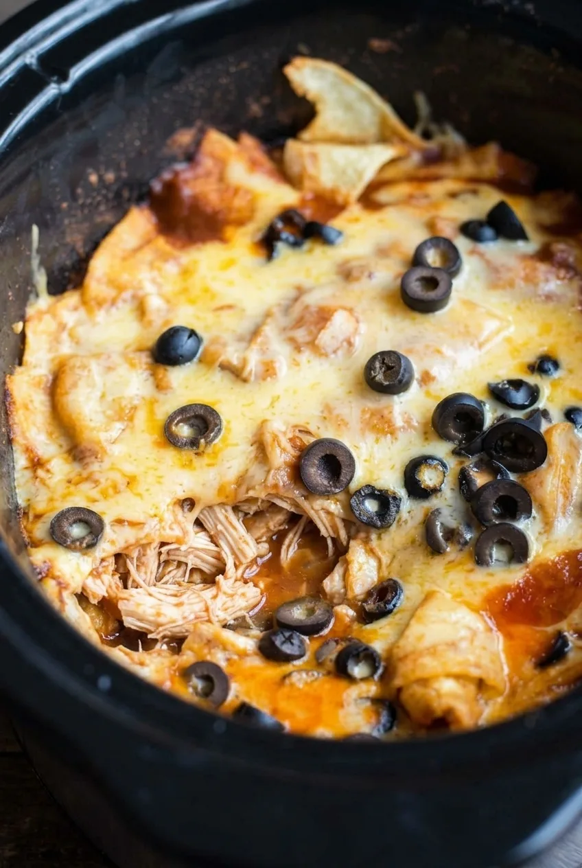 Close view of saucy shredded chicken and soft corn tortillas beneath melted cheese and black olives