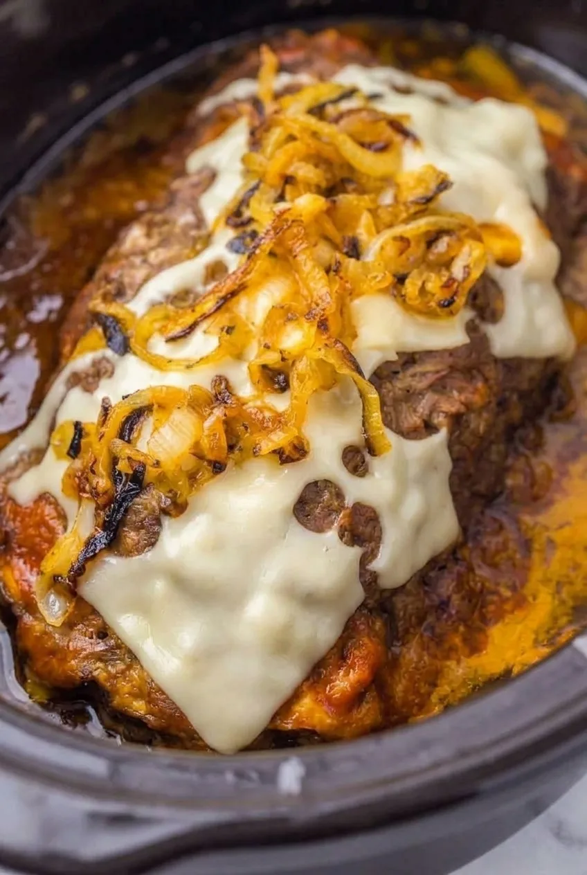 Close view of melted Swiss and caramelized onion strands over browned meatloaf