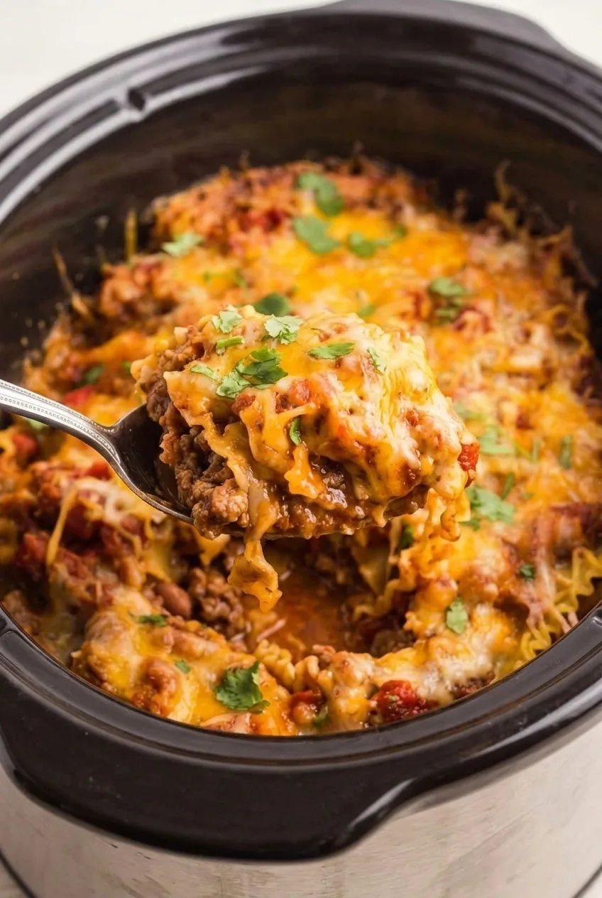 Close view of a saucy scoop showing ruffled lasagna noodles, beef-bean filling, and melted cheese
