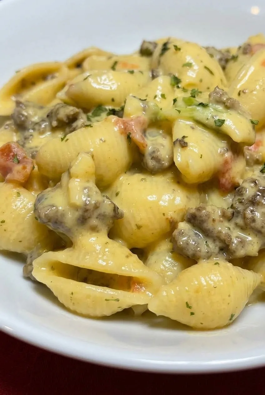 Close view of cheese sauce filling pasta shells beside browned beef and fine parsley flecks