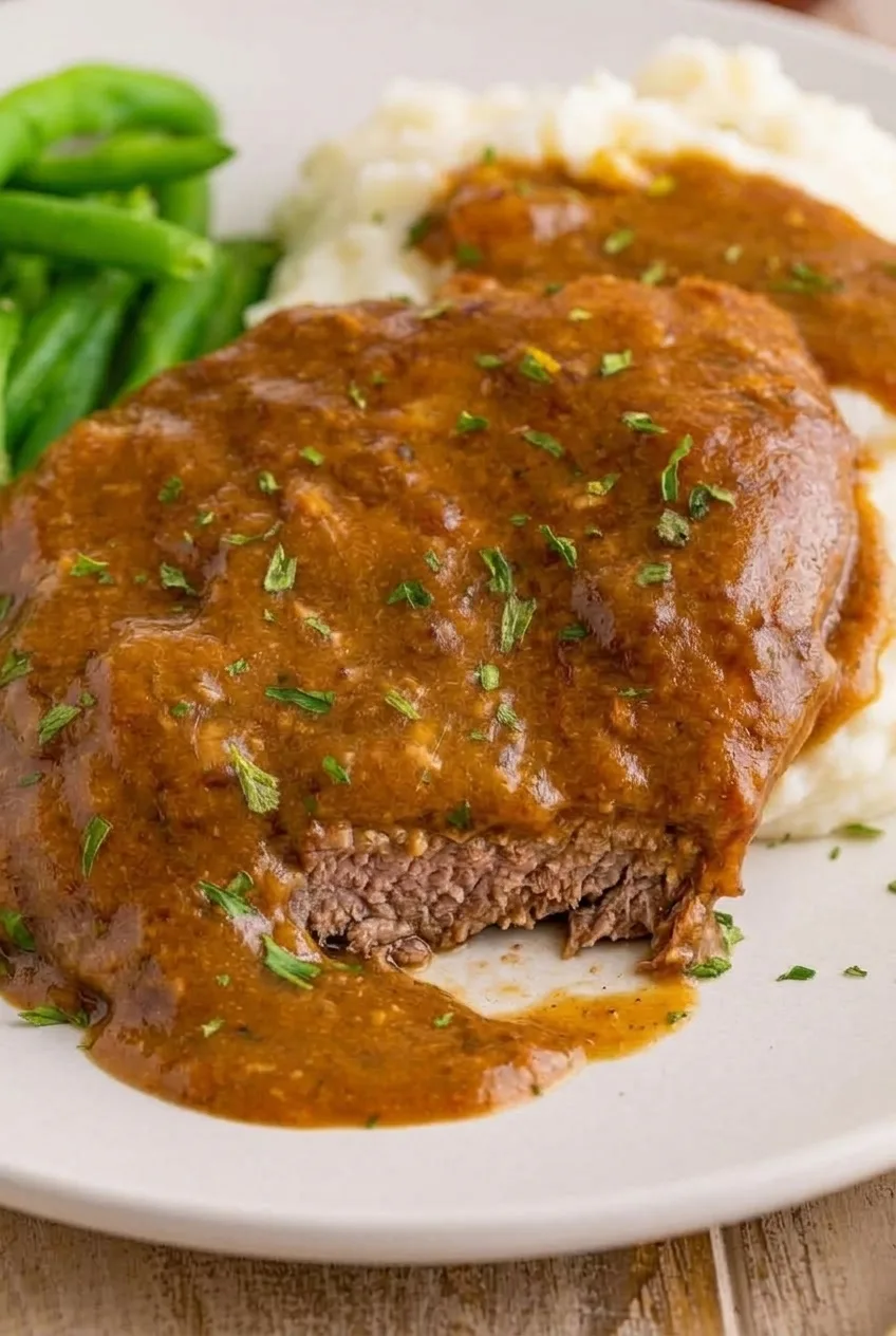 Close view of a tender cube steak edge beneath smooth brown gravy and parsley