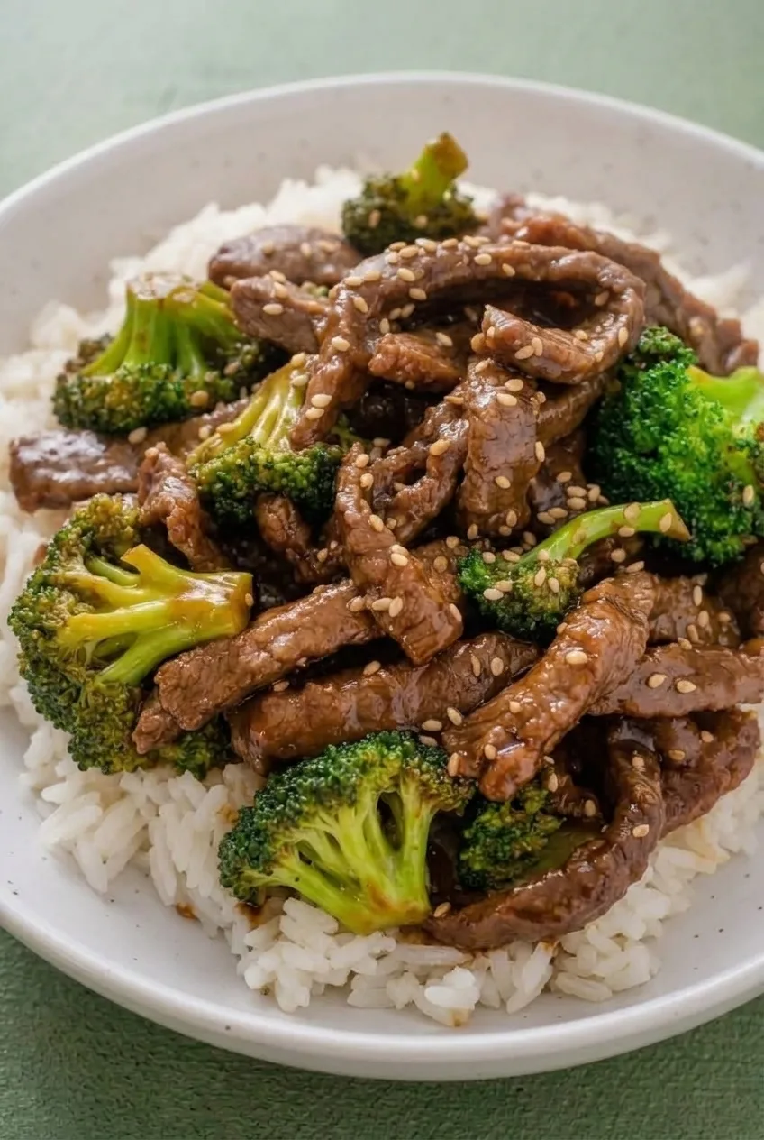 Close view of glossy beef strips, broccoli florets, sesame seeds, and white rice