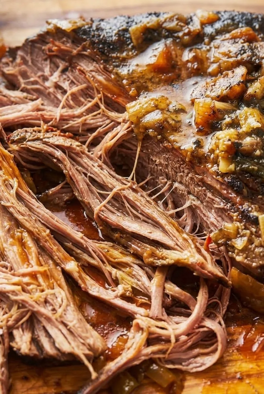 Close view of long, moist brisket fibers beside browned beef and soft onion pieces