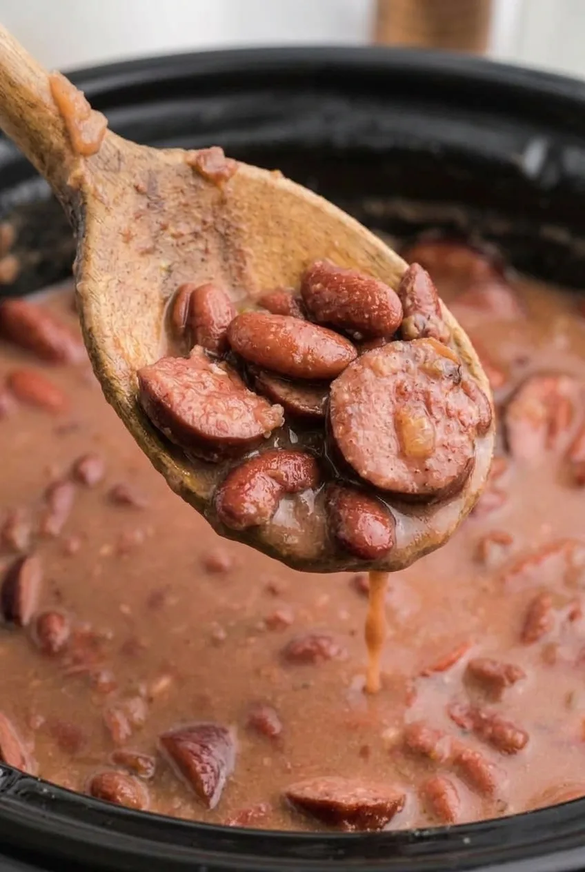 Close view of whole red beans and thick andouille slices coated in creamy sauce on a wooden spoon