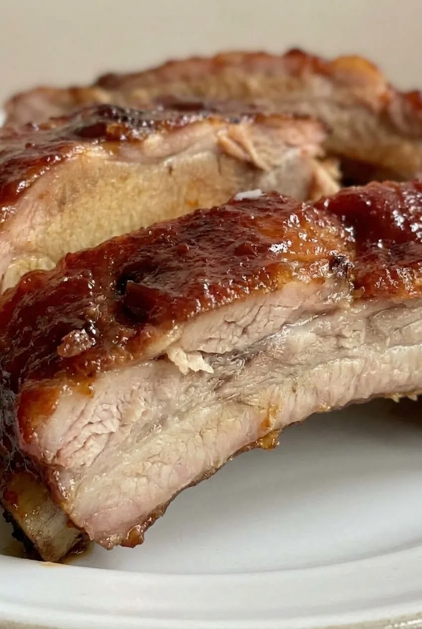 Close view of glossy BBQ sauce and tender meat along the cut edge of a bone-in rib section