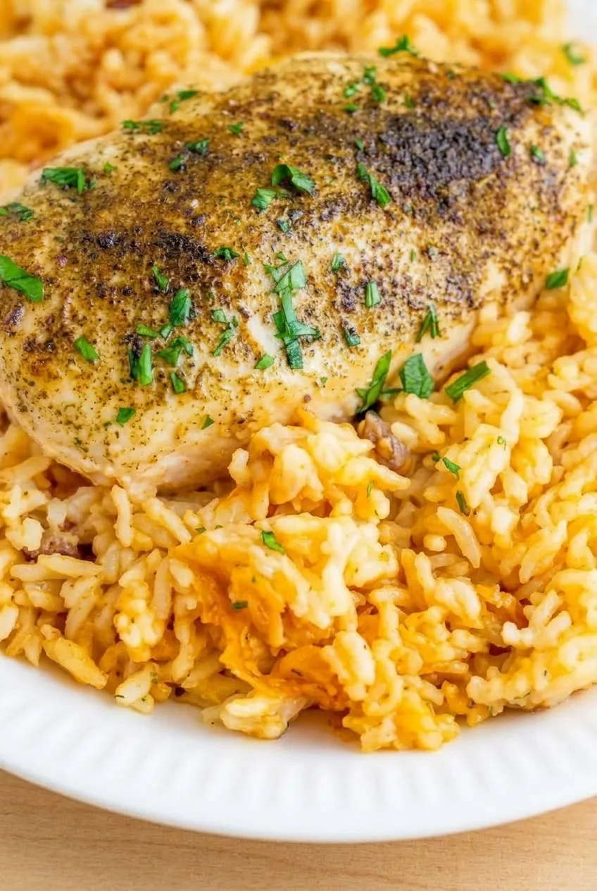 Close view of seasoned chicken, distinct creamy rice grains, and chopped parsley
