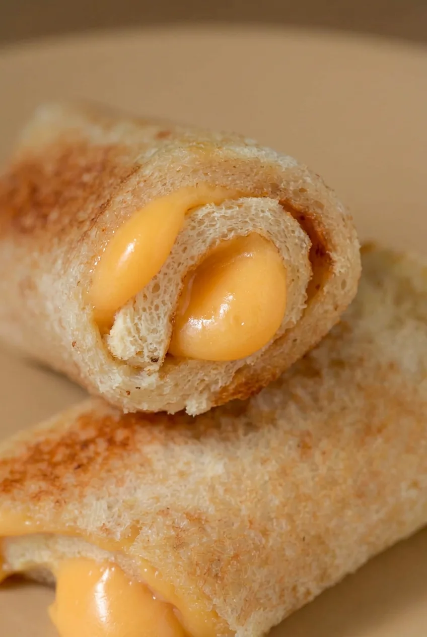 Close view of a grilled cheese roll-up’s toasted bread spiral and glossy melted orange cheese