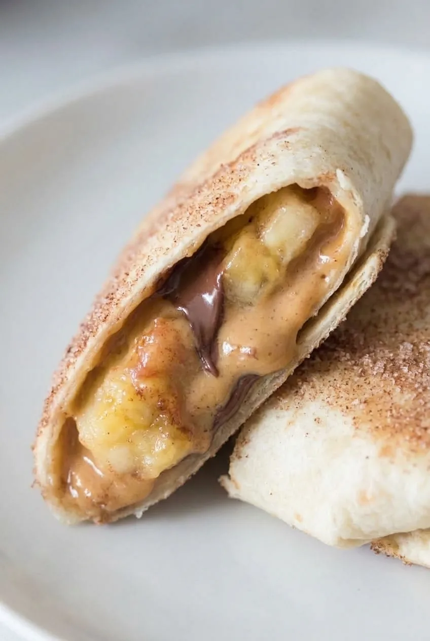 Close view of banana, peanut butter, and a little melted chocolate inside a toasted tortilla roll-up