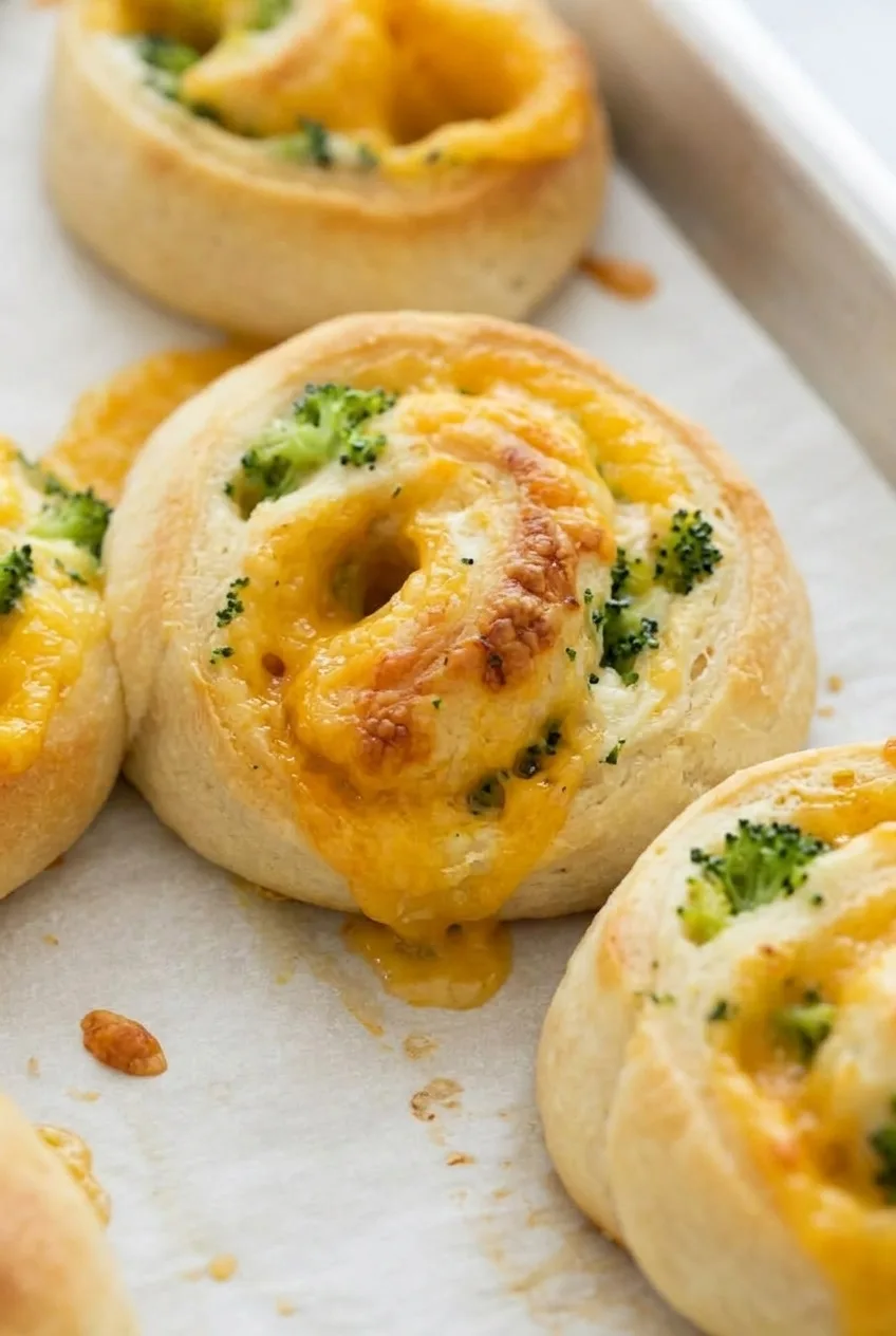 Close view of a baked pinwheel spiral filled with green broccoli and melted cheddar
