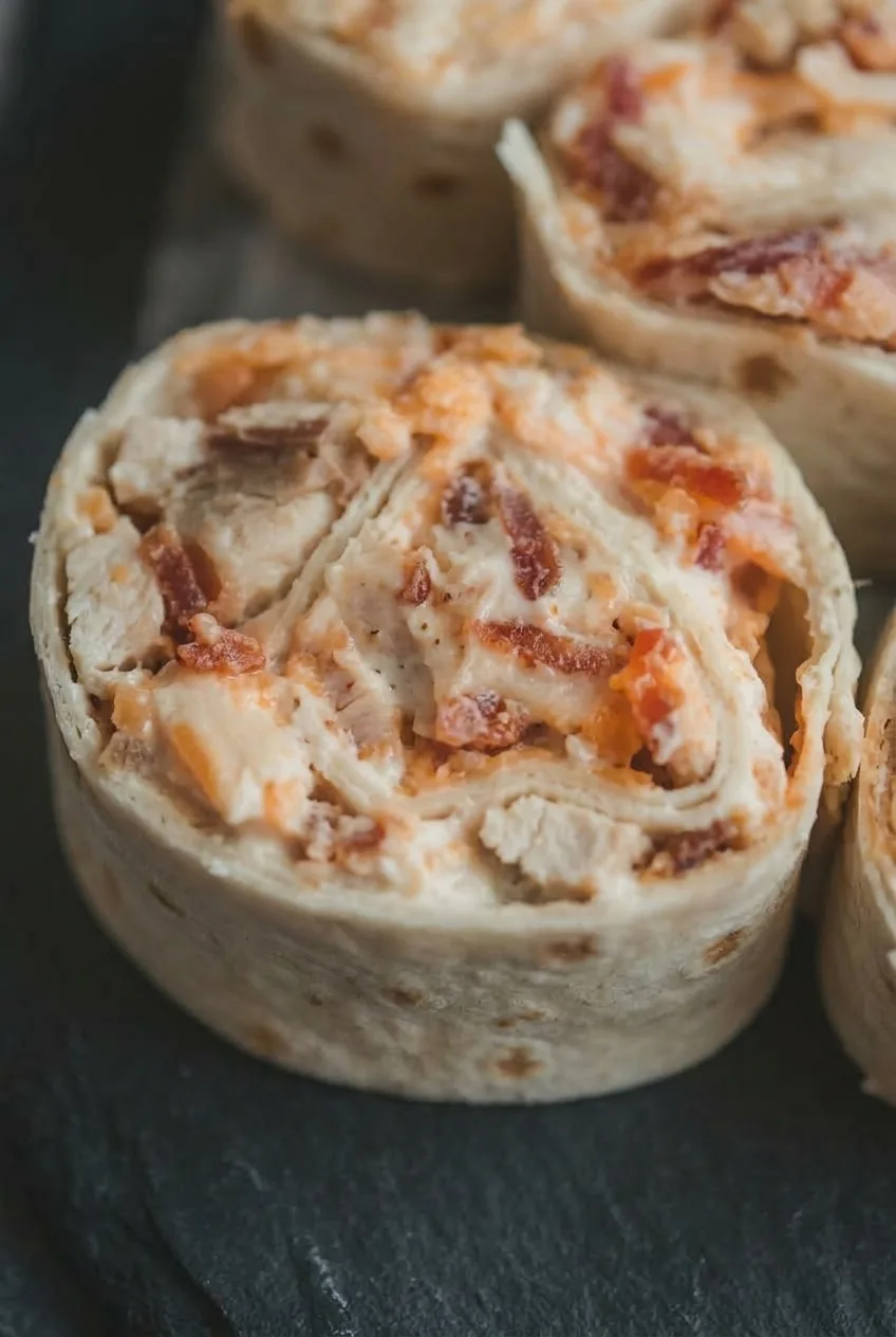 Close view of creamy chicken, bacon, and cheddar inside a tightly rolled tortilla pinwheel