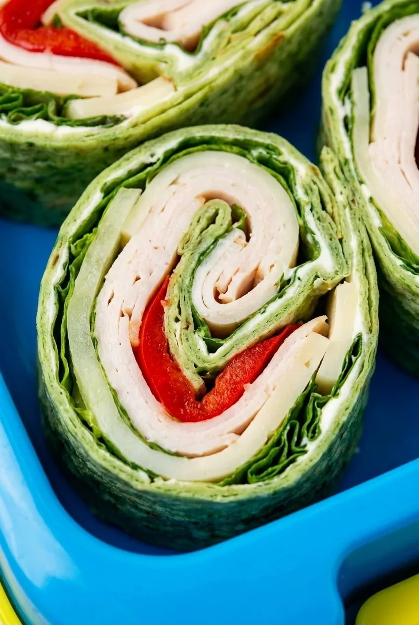 Close view of a turkey and cheese pinwheel showing lettuce, red pepper, and distinct spiral layers