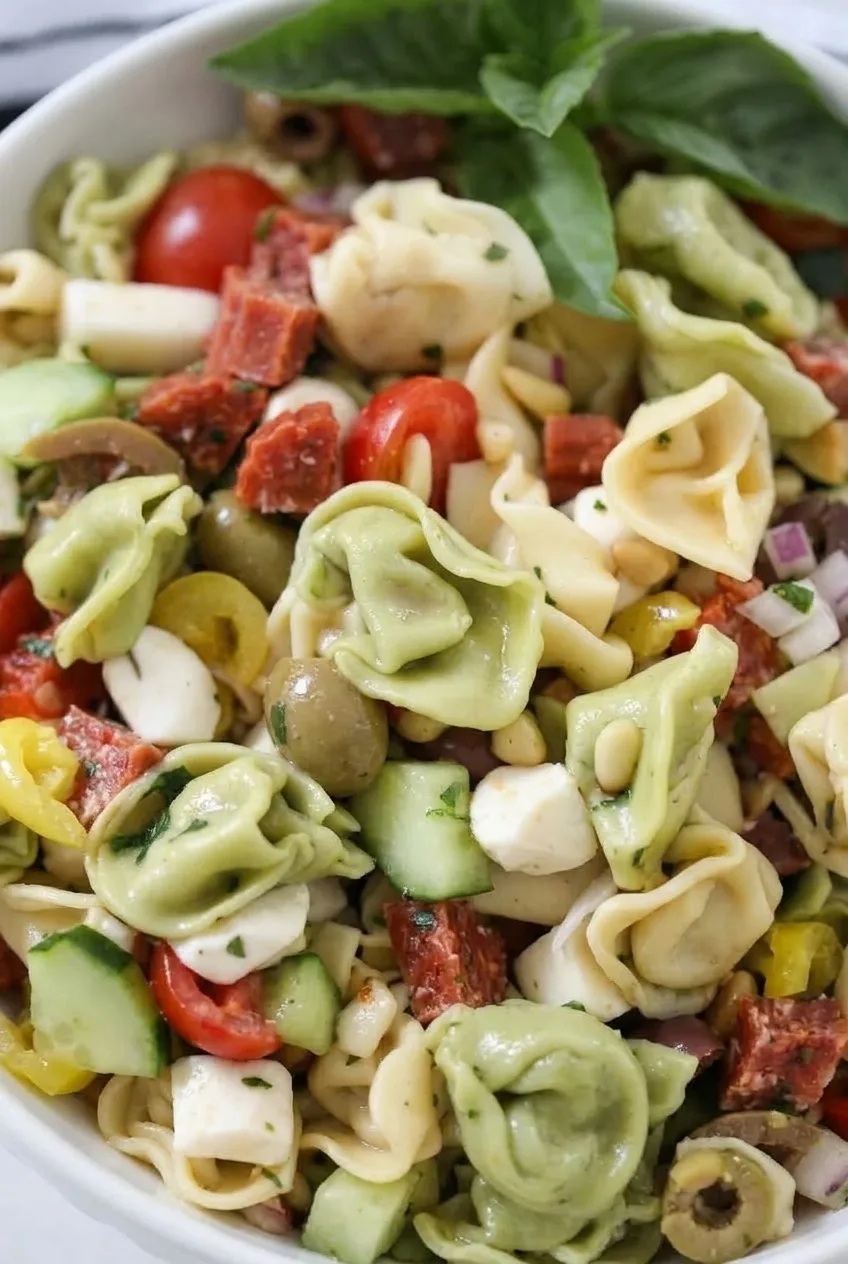 Close view of intact tortellini folds with lightly dressed vegetables, mozzarella, and salami