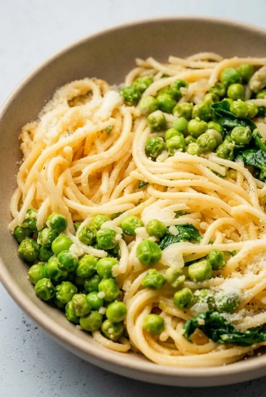 Close view of glossy spaghetti strands, whole peas, spinach leaves and grated Parmesan