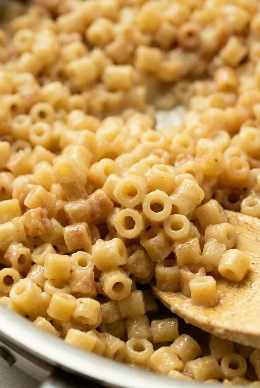 Close view of hollow ditalini tubes with a thin, glossy garlic butter and Parmesan coating.