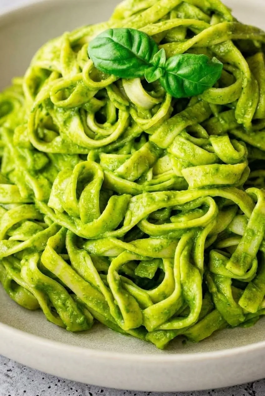 Close view of glossy green spinach sauce clinging to distinct fettuccine ribbons beneath a small basil sprig