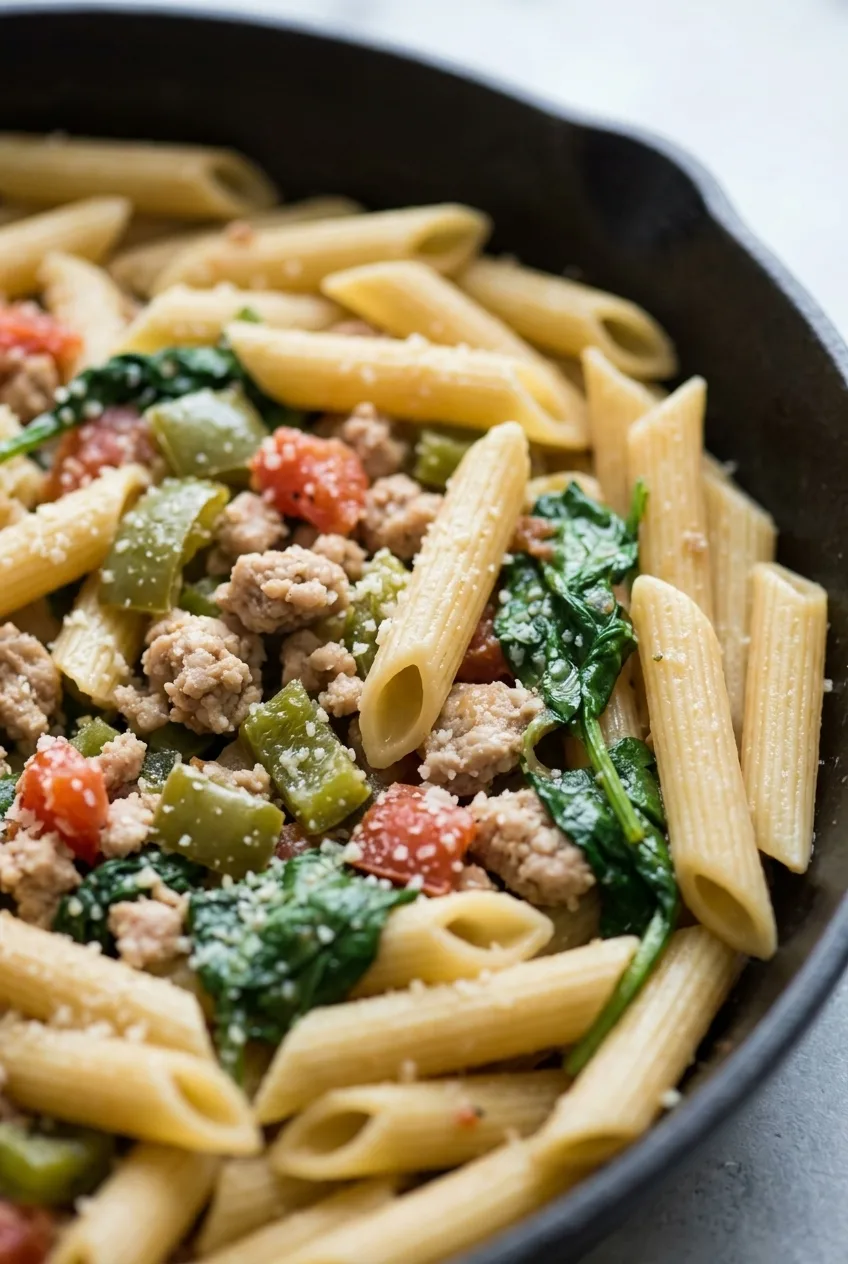 Close view of lightly coated penne, turkey crumbles, spinach, green pepper, tomato, and Parmesan