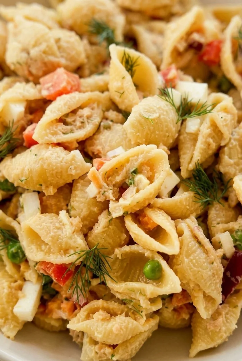 Close view of creamy pasta shells holding tuna, with peas, diced vegetables and egg