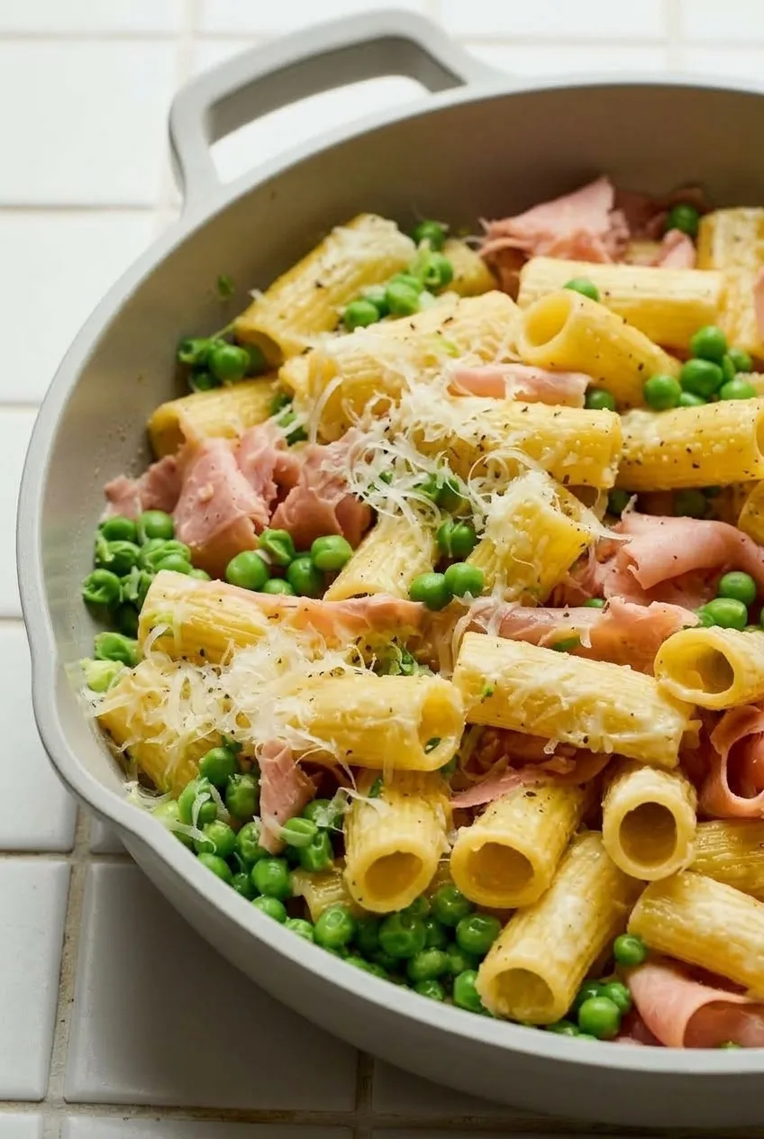 Close view of ridged rigatoni lightly coated in sauce with ham folds, whole peas, and Parmesan