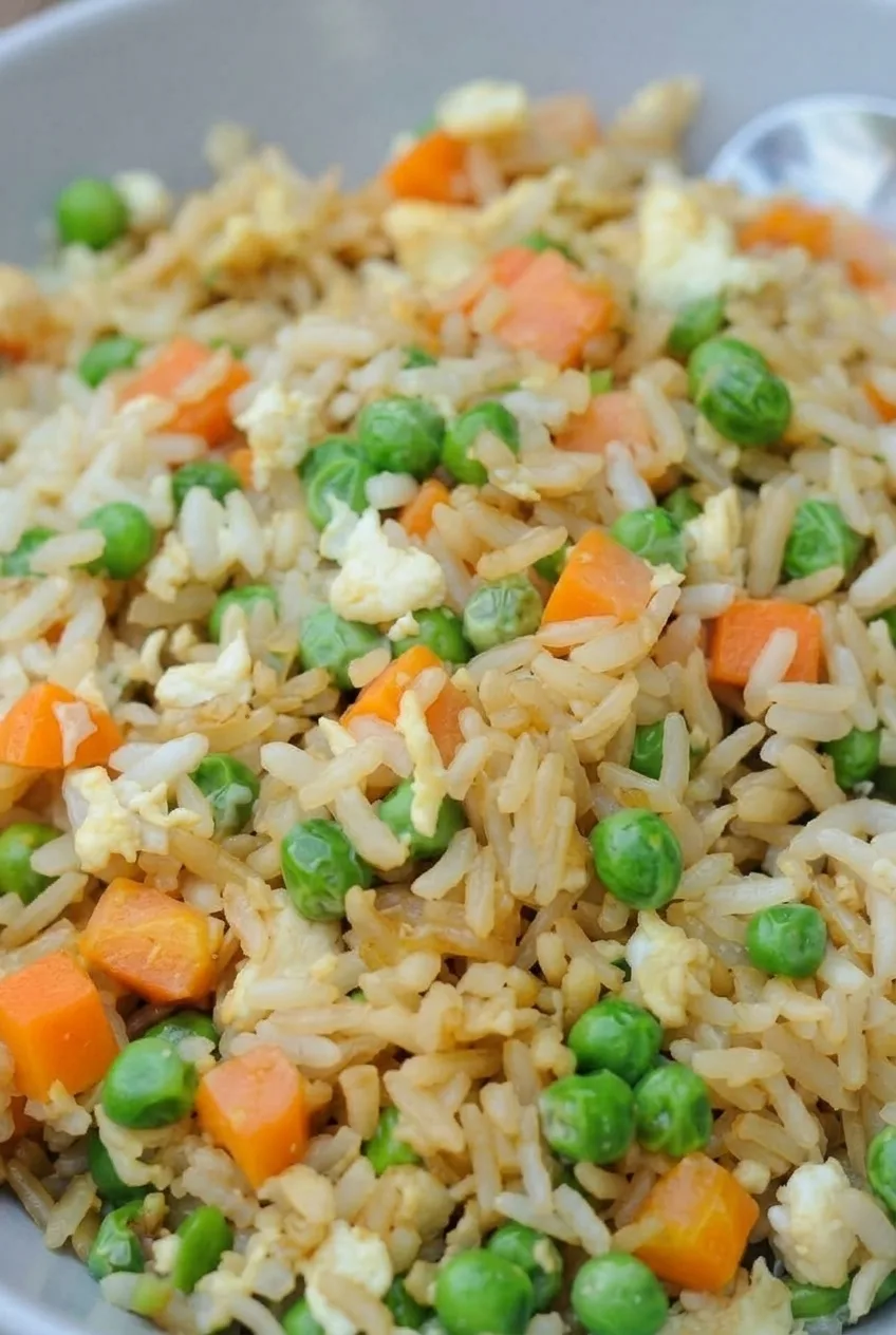 Close view of chicken fried rice showing distinct grains, peas, carrots, chicken, and egg