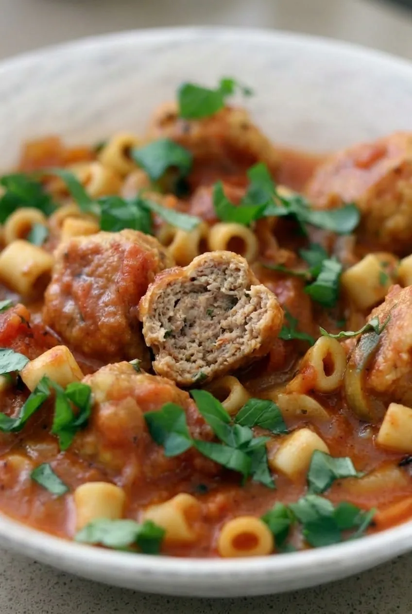 Close view of a cut meatball among hollow ditalini and chunky tomato sauce