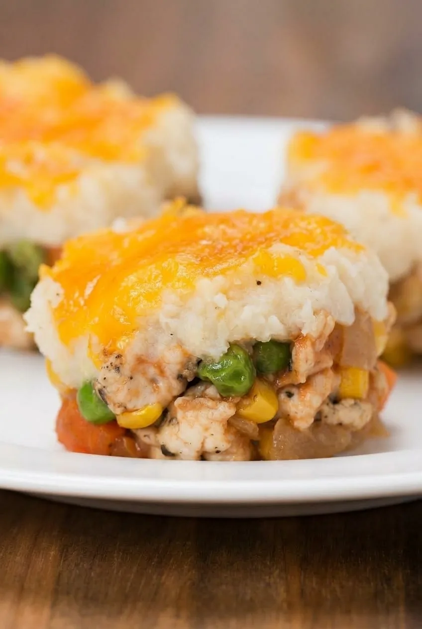 Close view of a pie cup showing turkey, peas, corn, and carrots beneath mashed potatoes and cheddar