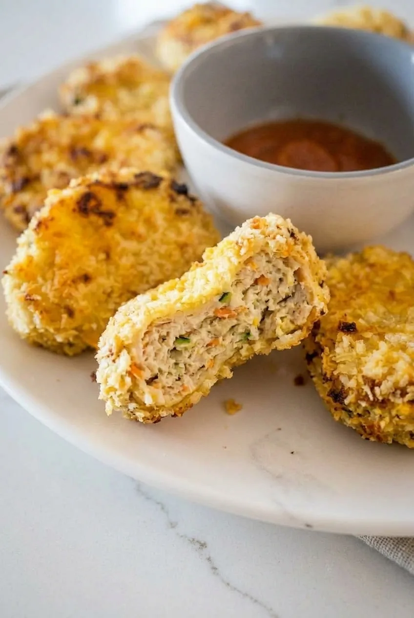Broken-open chicken nugget showing its cooked filling and coarse golden panko crust.