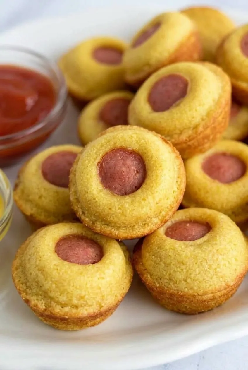 Close view of golden cornbread, browned edges and exposed hot-dog centers on mini corn dog muffins.