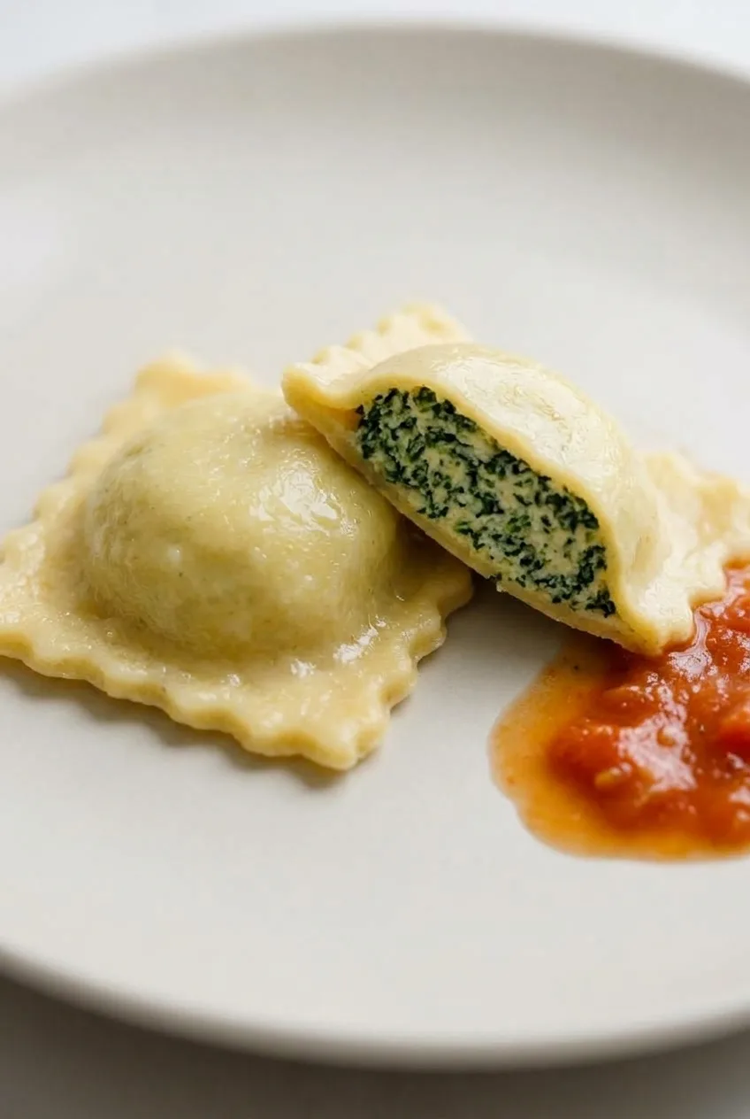 Cooked cheese and spinach ravioli, one cut open to show the filling inside tender egg pasta