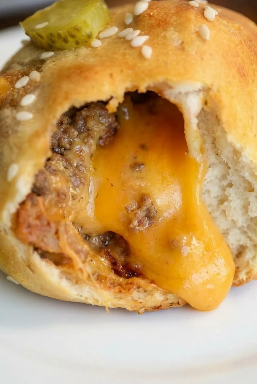 Close view inside a baked cheeseburger bomb showing browned beef, melted orange cheese and soft biscuit