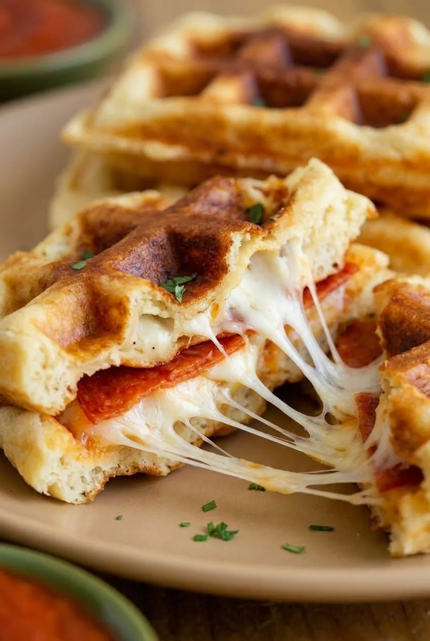 Close view inside a pizza waffle showing cooked dough, pepperoni and strands of melted mozzarella