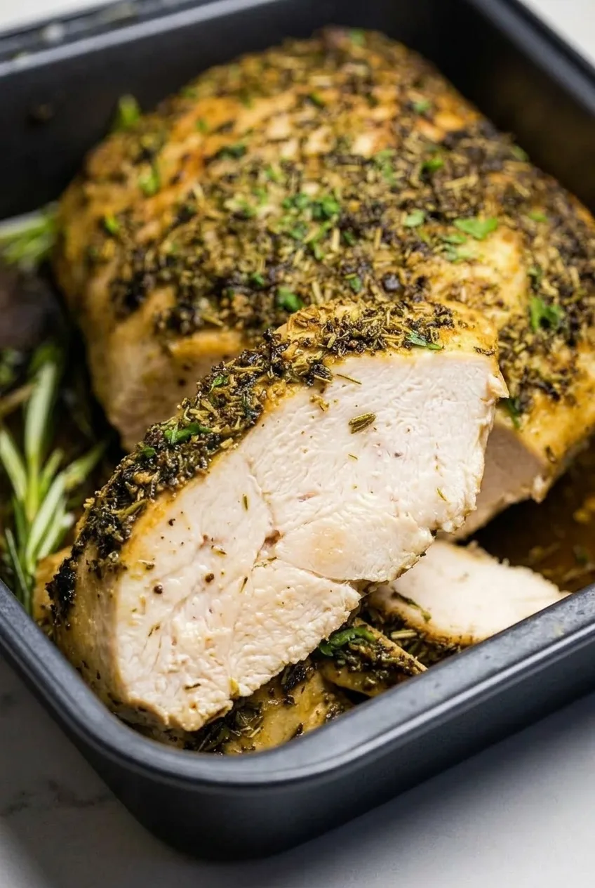 Close view of a thick turkey breast slice showing pale meat and toasted garlic-herb skin