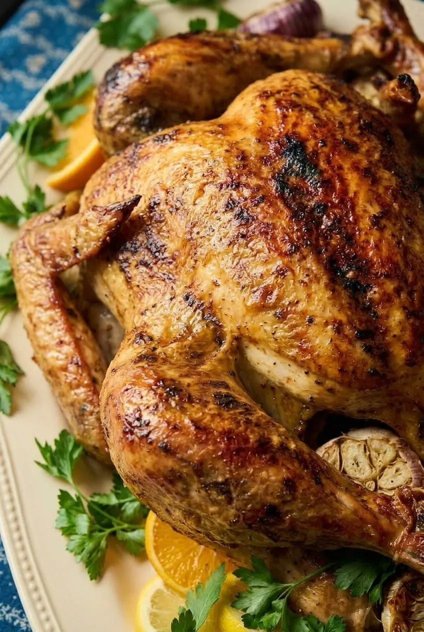 Close view of the browned breast and wing of a whole roast turkey, with parsley and orange at the platter edge.