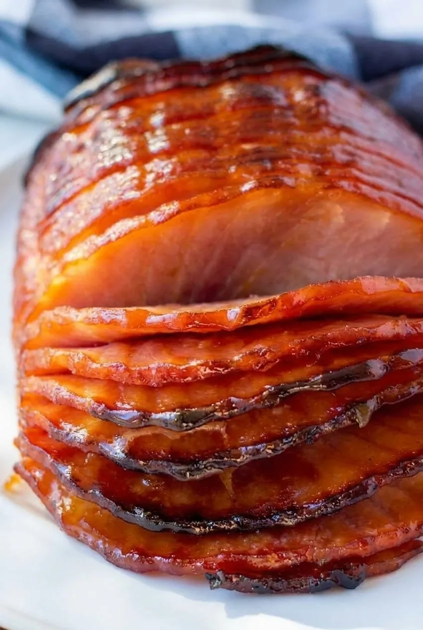 Close view of moist, overlapping spiral ham slices coated in amber glaze with caramelized edges